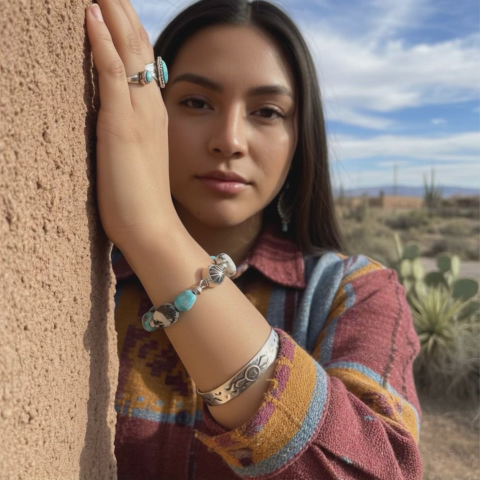 White Buffalo and Kingman Blue Turquoise Beads Bracelet Sterling Silver