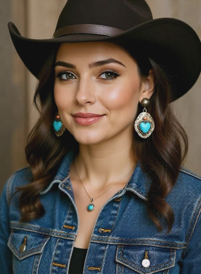 Kingman Turquoise and Spiny Oyster Hearts Cowgirl Earrings Bright Sky Blue