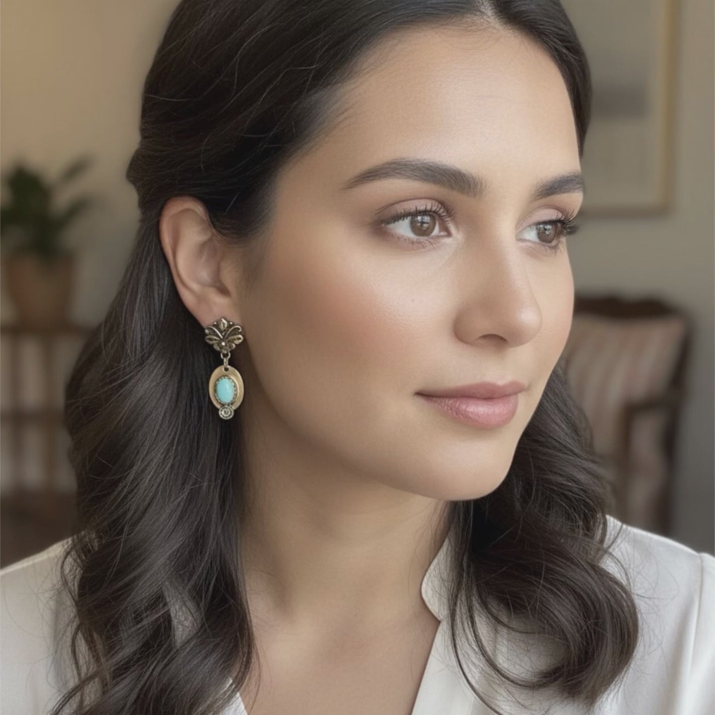 Lone Mountain Turquoise Sterling and Gilded 18K Gold Earrings Florals v