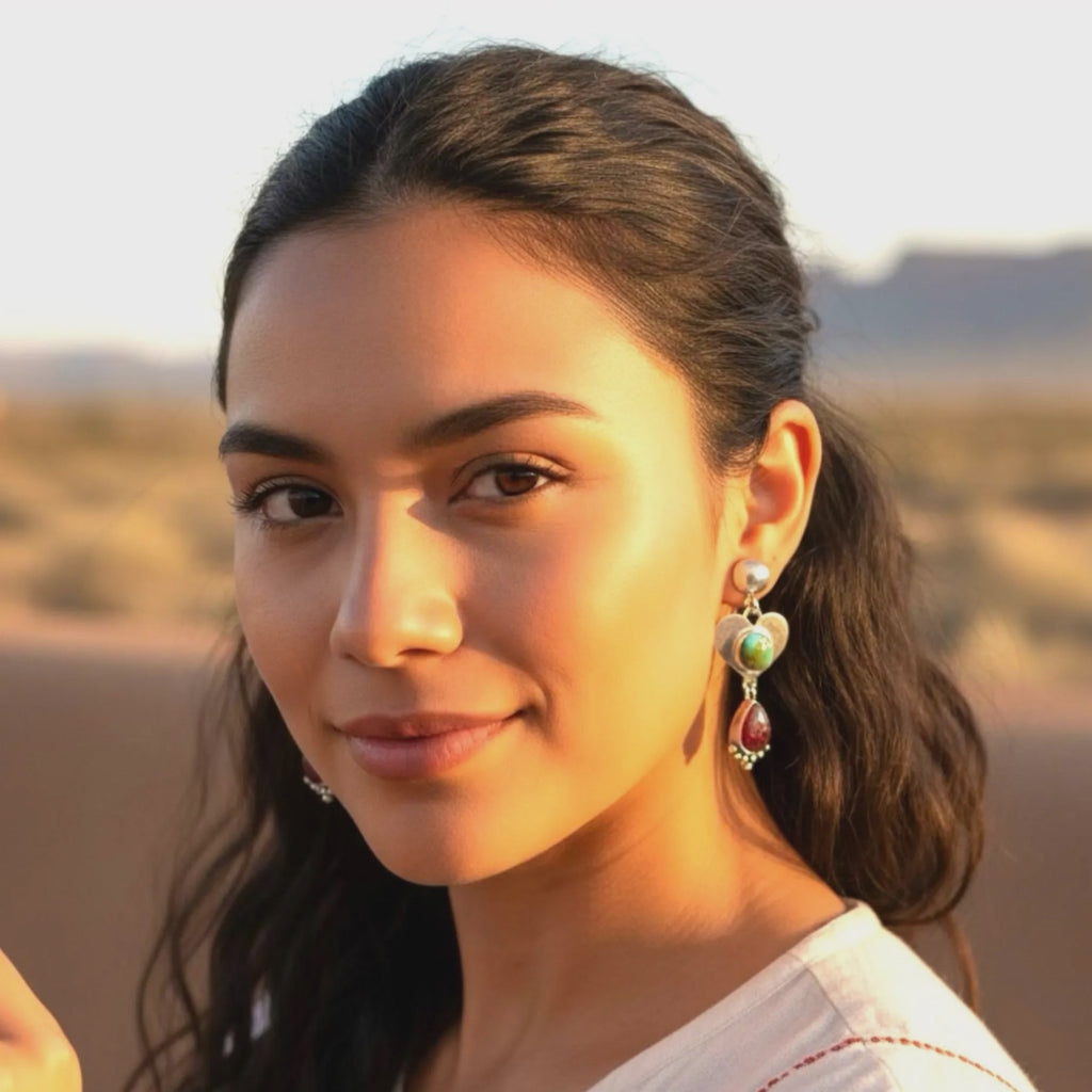 Sonoran Turquoise and Purple Spiny Oyster Earrings Sterling Hearts