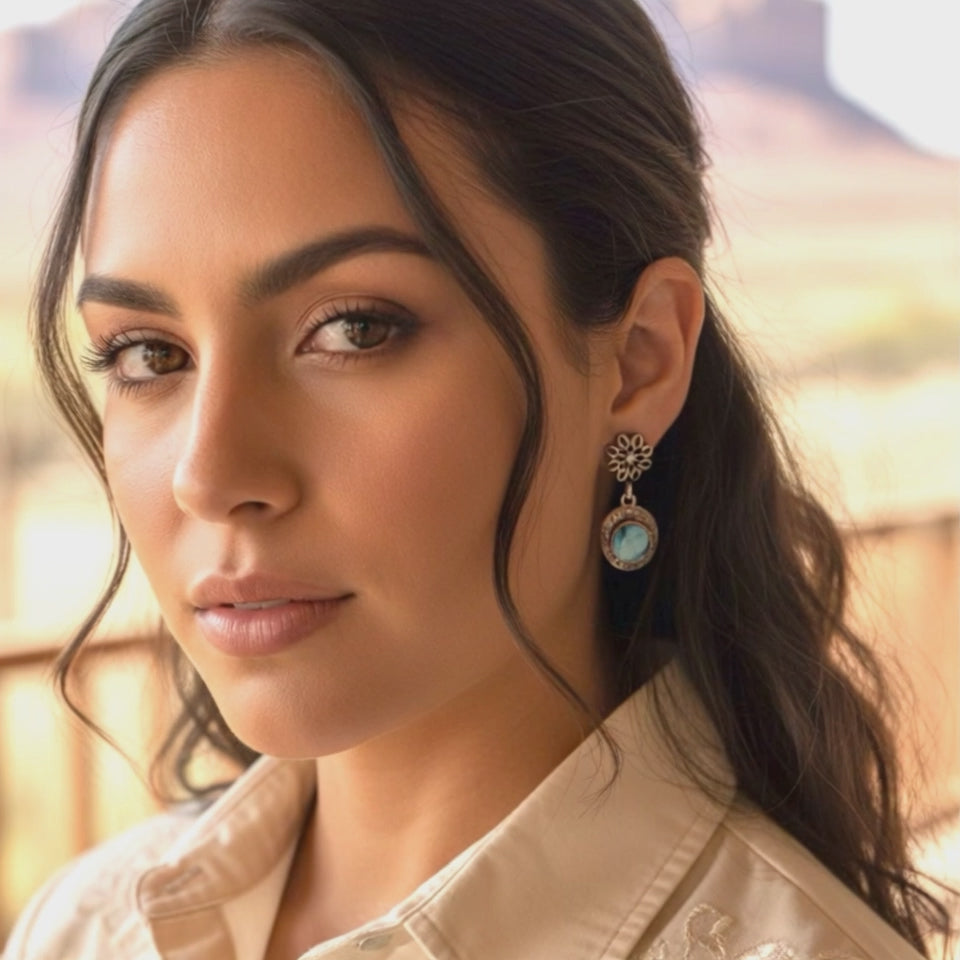 Kazakhstan Turquoise Earrings Baby Blue Floral Design Sterling Silver