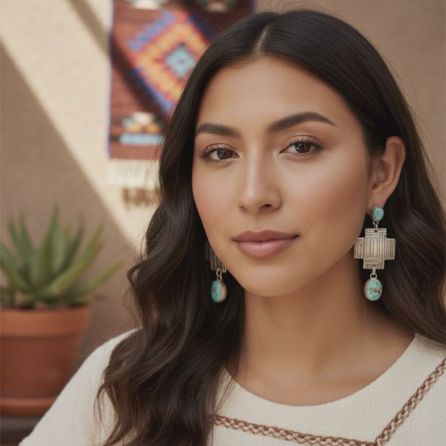 Carico Lake Turquoise Sterling Southwestern Cross Earrings