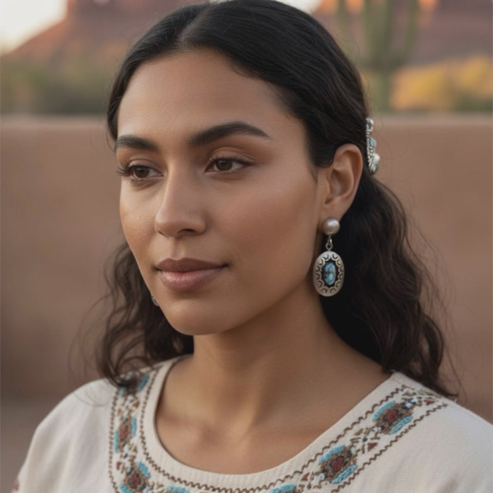Kazakhstan Turquoise Earrings Shadow Box Oval Patterned Sterling Silver