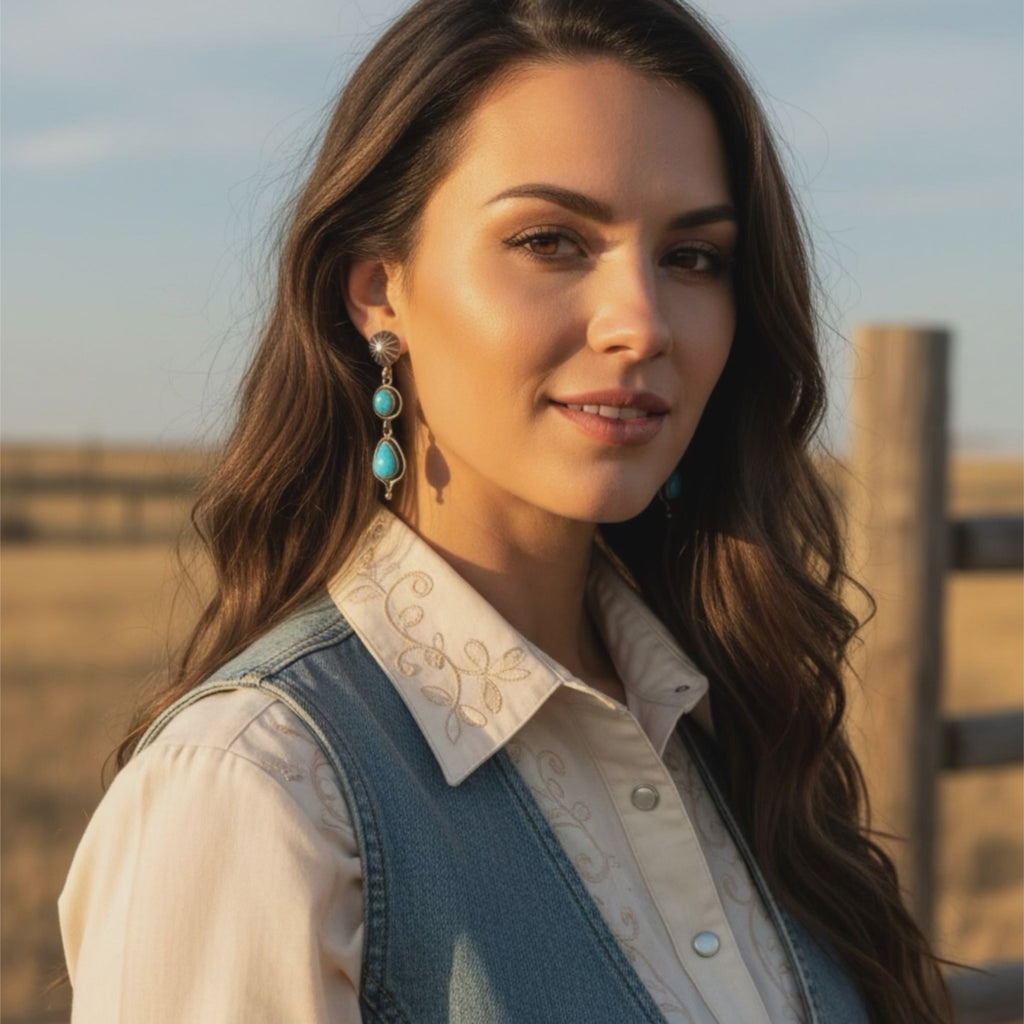 Blue Ridge Orvil Jack Turquoise Earrings 2 Stone Sunburst Post