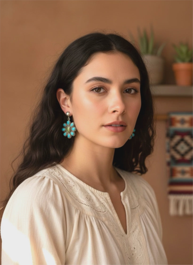 Sleeping Beauty and Sonoran Gold Turquoise Flower Earrings Southwest 9 Stones
