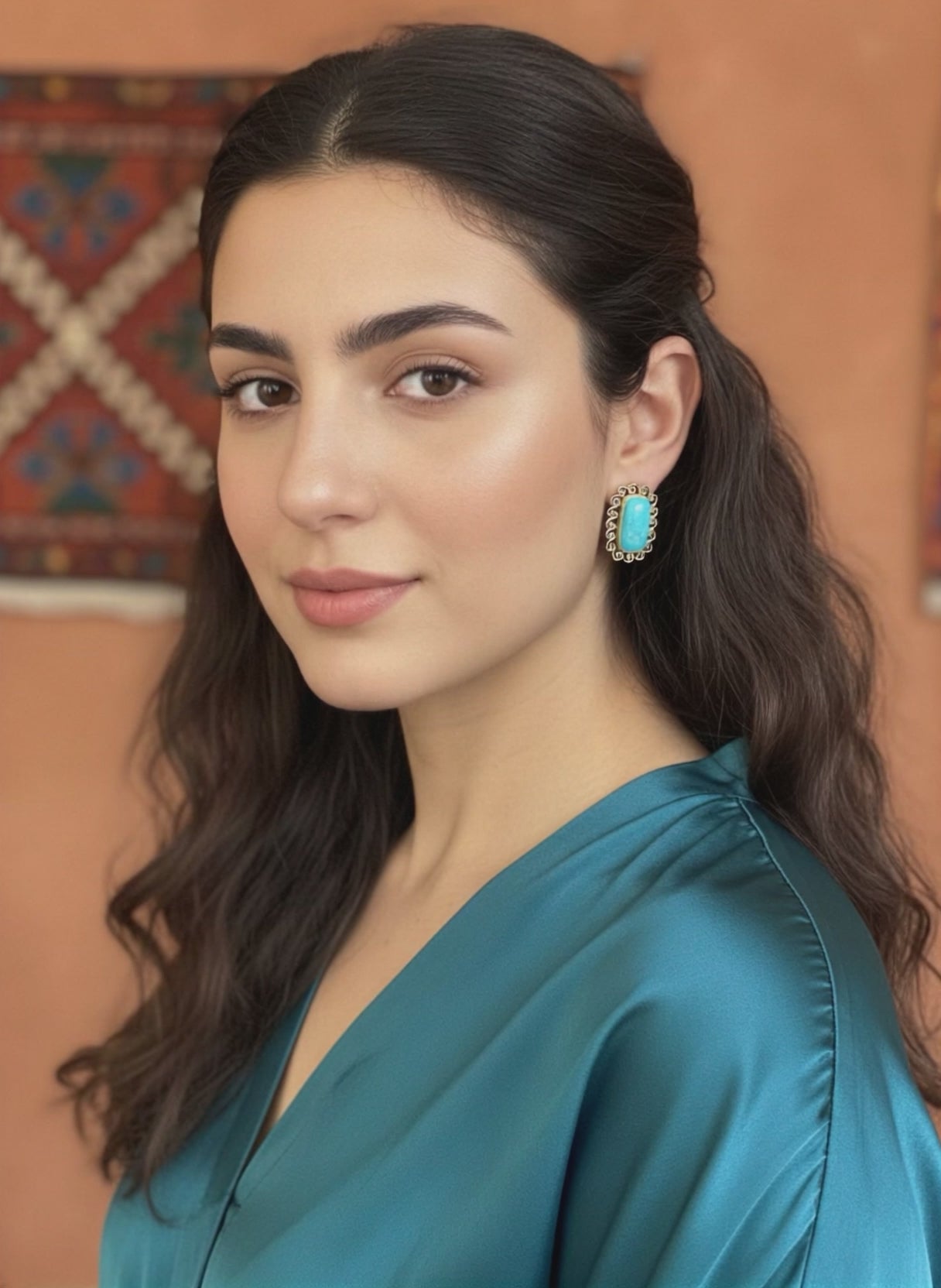 Armenian Turquoise Portrait Earrings Post Spiral Cushions