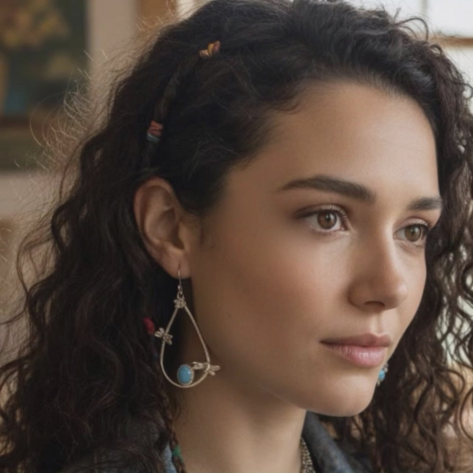 KAZAKHSTAN TURQUOISE Earrings Sterling Silver Teardrop Hoops Dragonflys