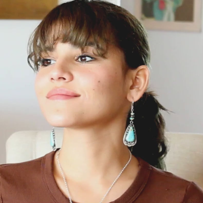 Beautiful Sky Blue Kingman Turquoise Earrings Long Teardrops with Moon Design