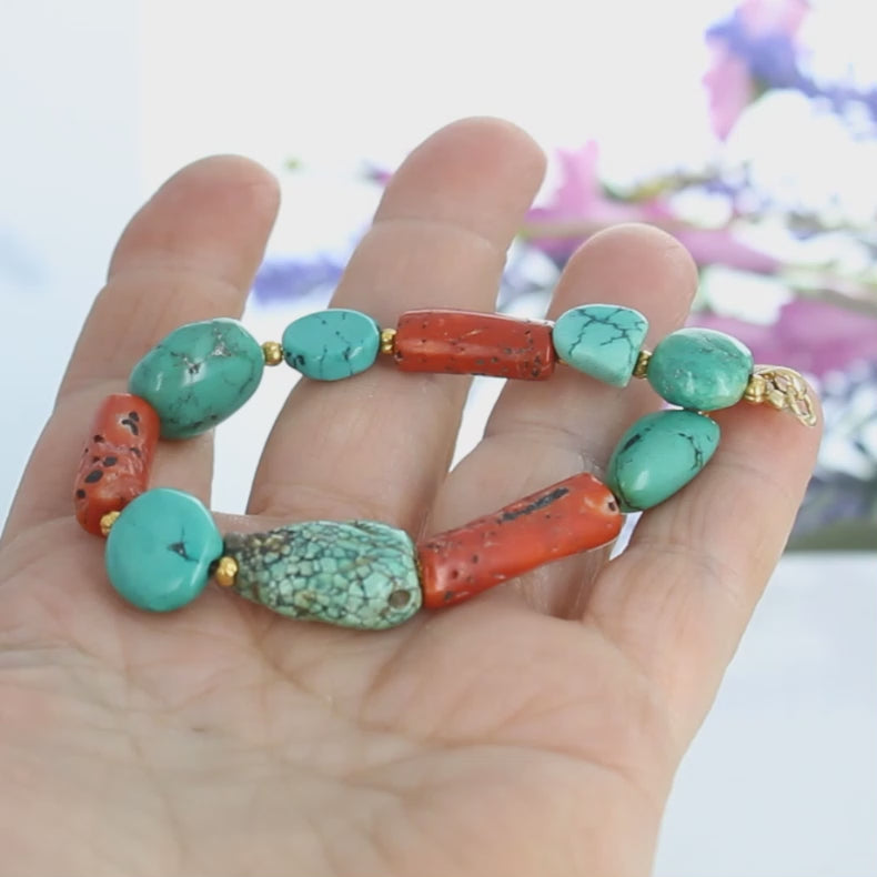 Antique Tibetan Turquoise with Coral and 18K Gold Bracelet #2