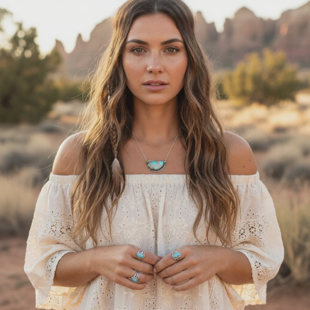 Royston Turquoise Moon Pendant Decorative 18K Gold and Sterling Necklace