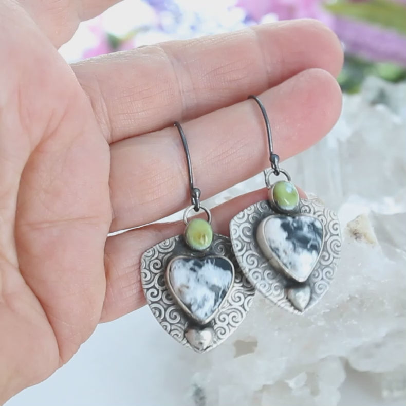 Hearts Sonoran Gold and White Buffalo Turquoise Earrings Sterling