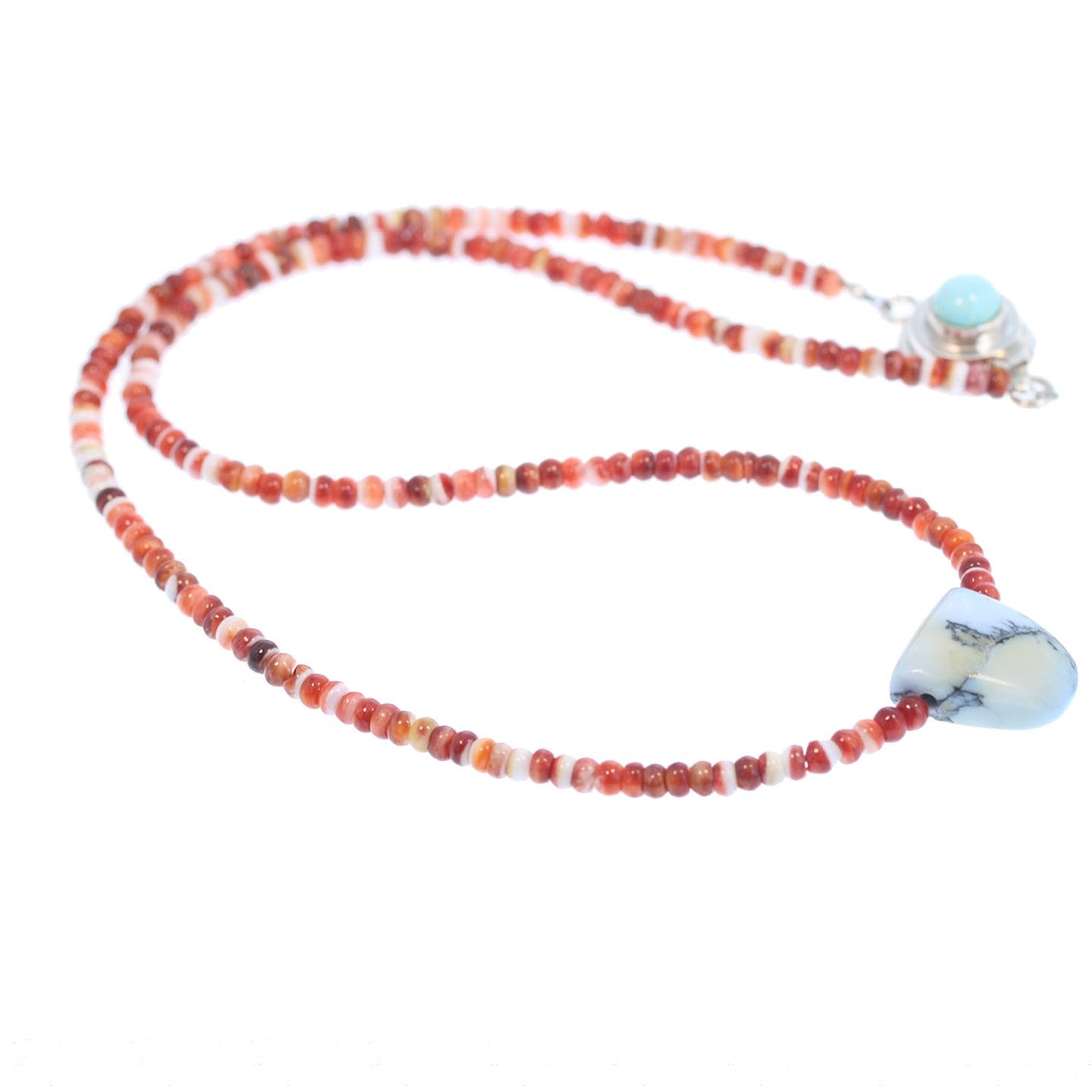 White Buffalo Turquoise And Red Spiny Oyster Necklace Southwest 16.5" #2 -NewWorldGems