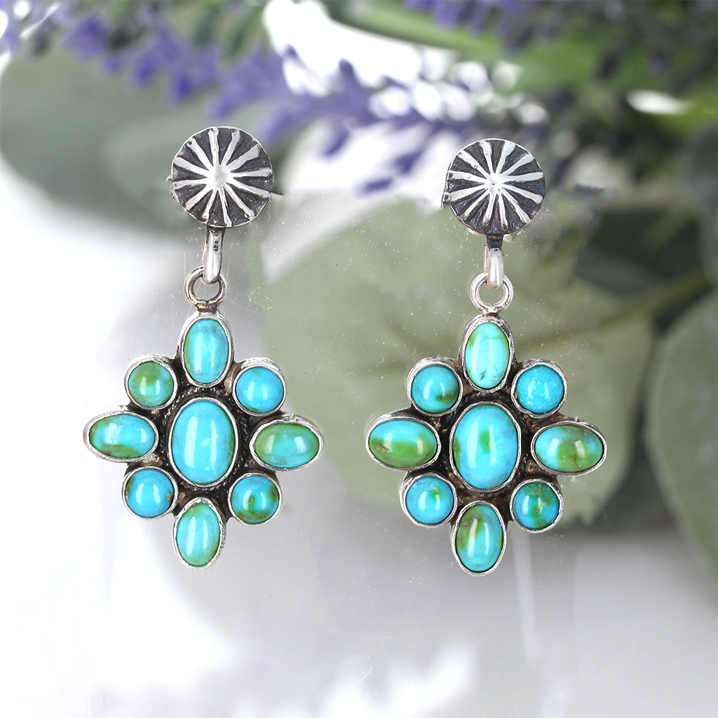Blue Green Sonoran Gold Turquoise Flower Earrings Southwest 9 Stones -NewWorldGems
