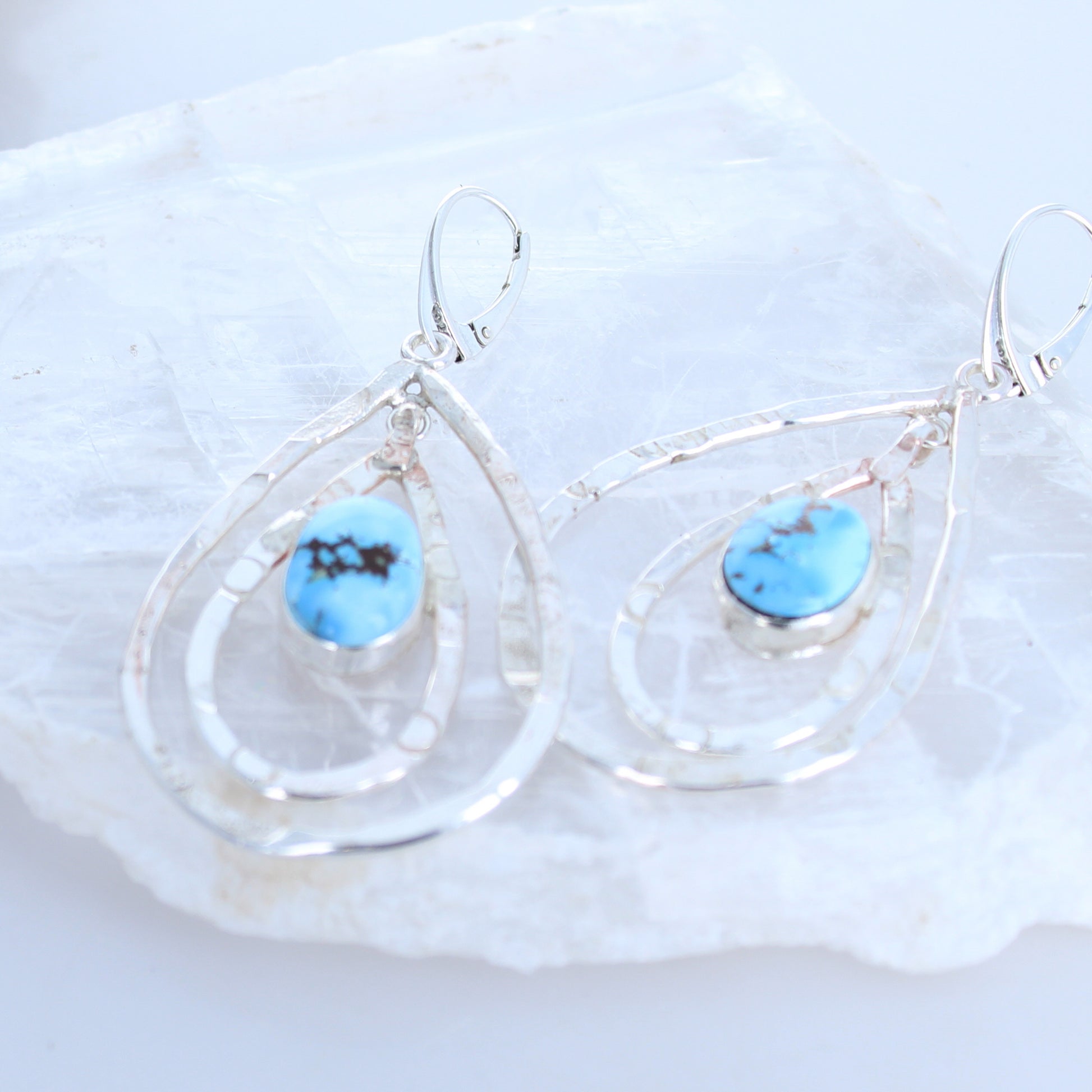 KAZAKHSTAN TURQUOISE Earrings Sterling Silver Double Teardrop Hoops -NewWorldGems