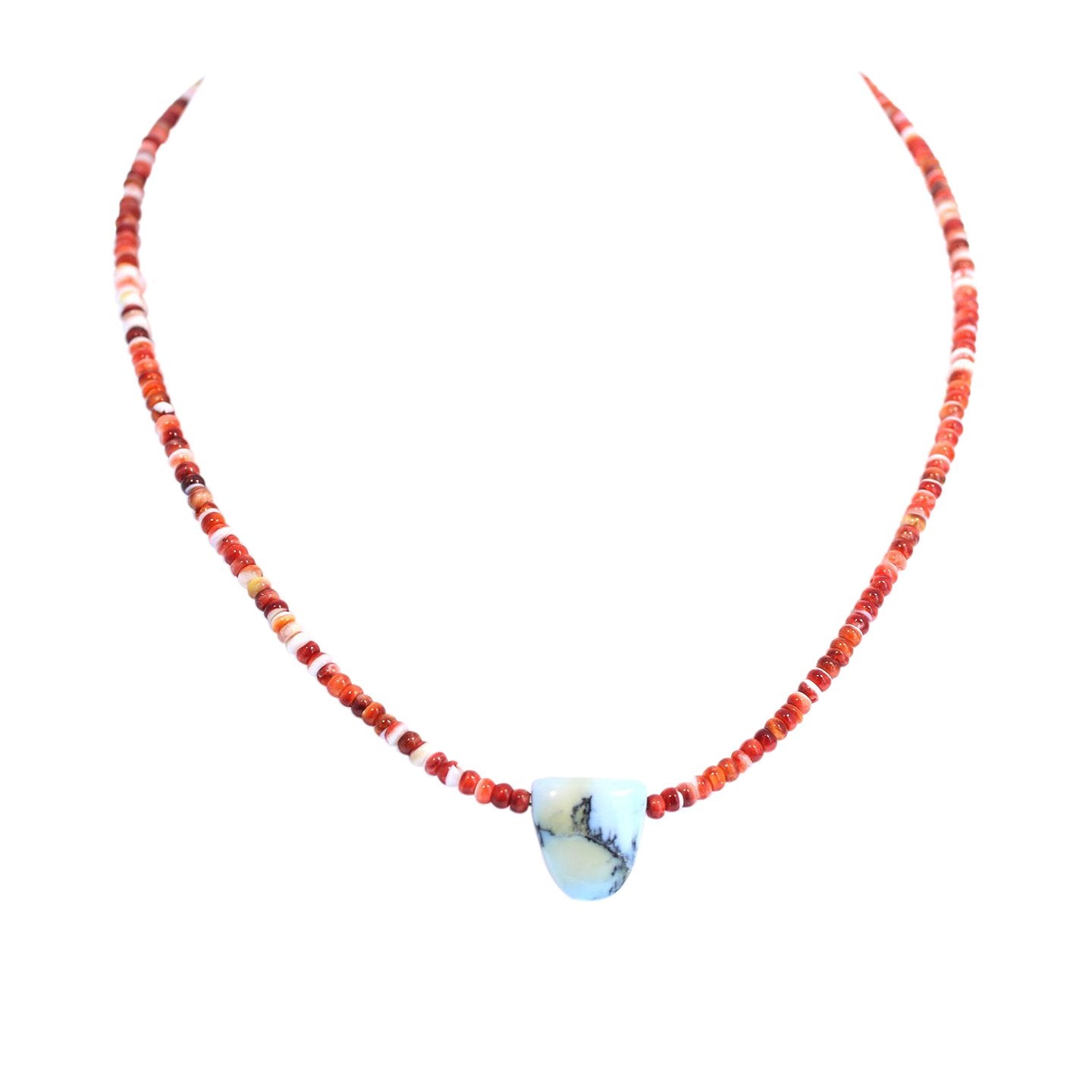 White Buffalo Turquoise And Red Spiny Oyster Necklace Southwest 16.5" #2 -NewWorldGems