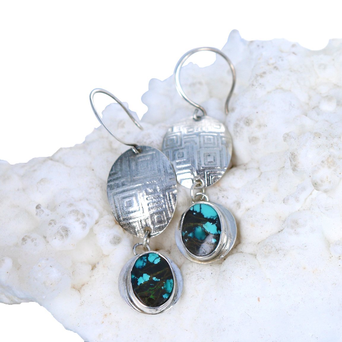 Tibetan Turquoise Beads Earrings Sterling Textured -NewWorldGems