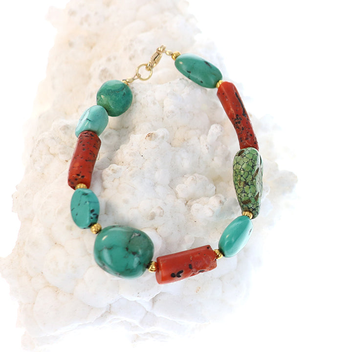 Antique Tibetan Turquoise with Coral Aand 18K Gold Bracelet #2 -NewWorldGems