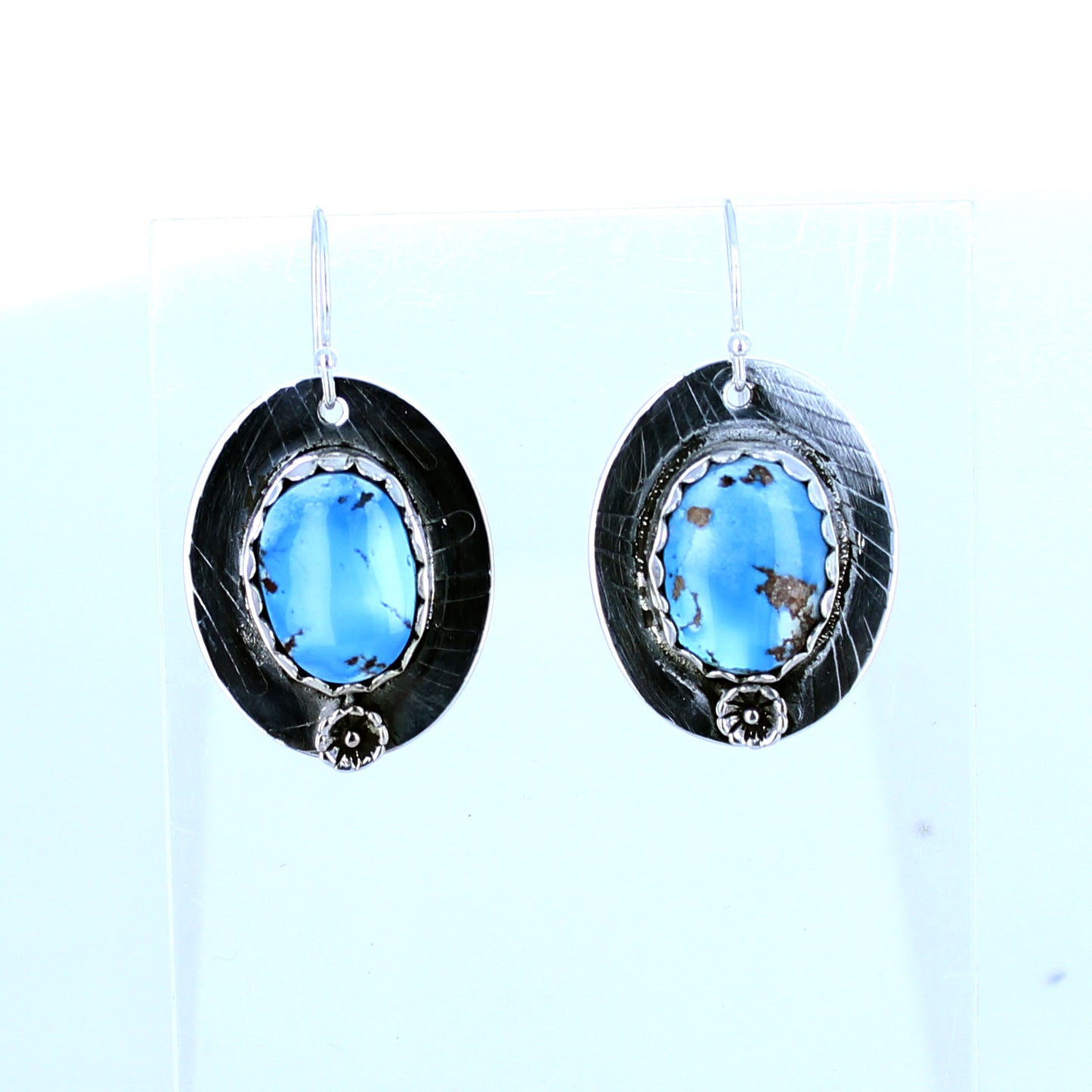 Kazakhstan Turquoise Earrings Oval Patterned Sterling Silver -NewWorldGems
