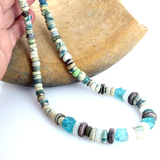 Ancient Mali Dig Beads Necklace Sterling And Apatite, -NewWorldGems