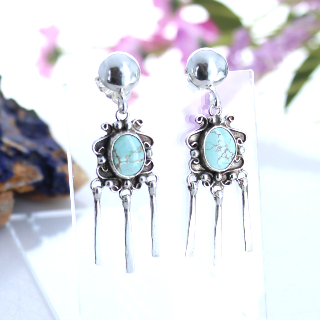 Blue Carico Lake Turquoise Earrings Scroll Design Dangle -NewWorldGems