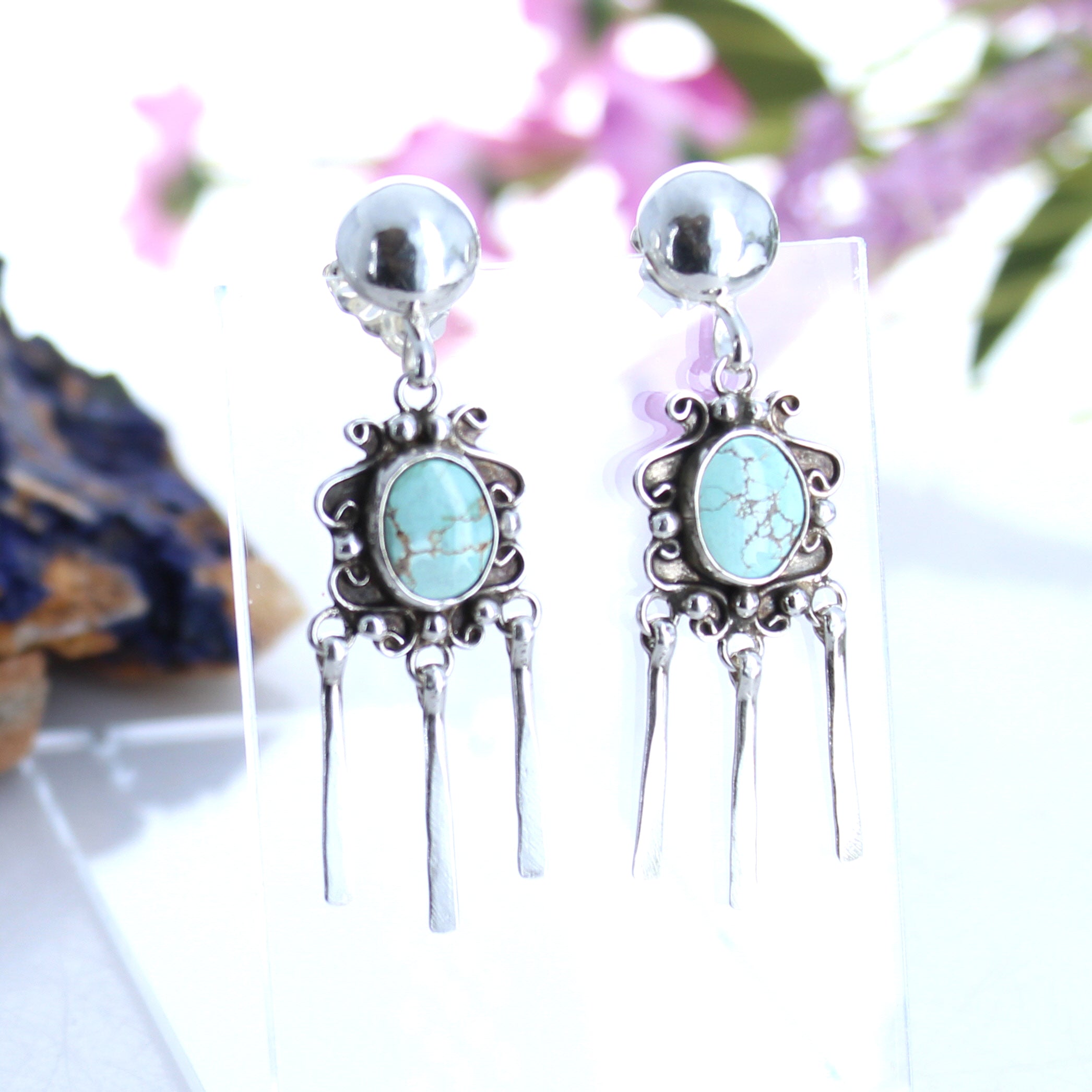 Blue Carico Lake Turquoise Earrings Scroll Design Dangle -NewWorldGems