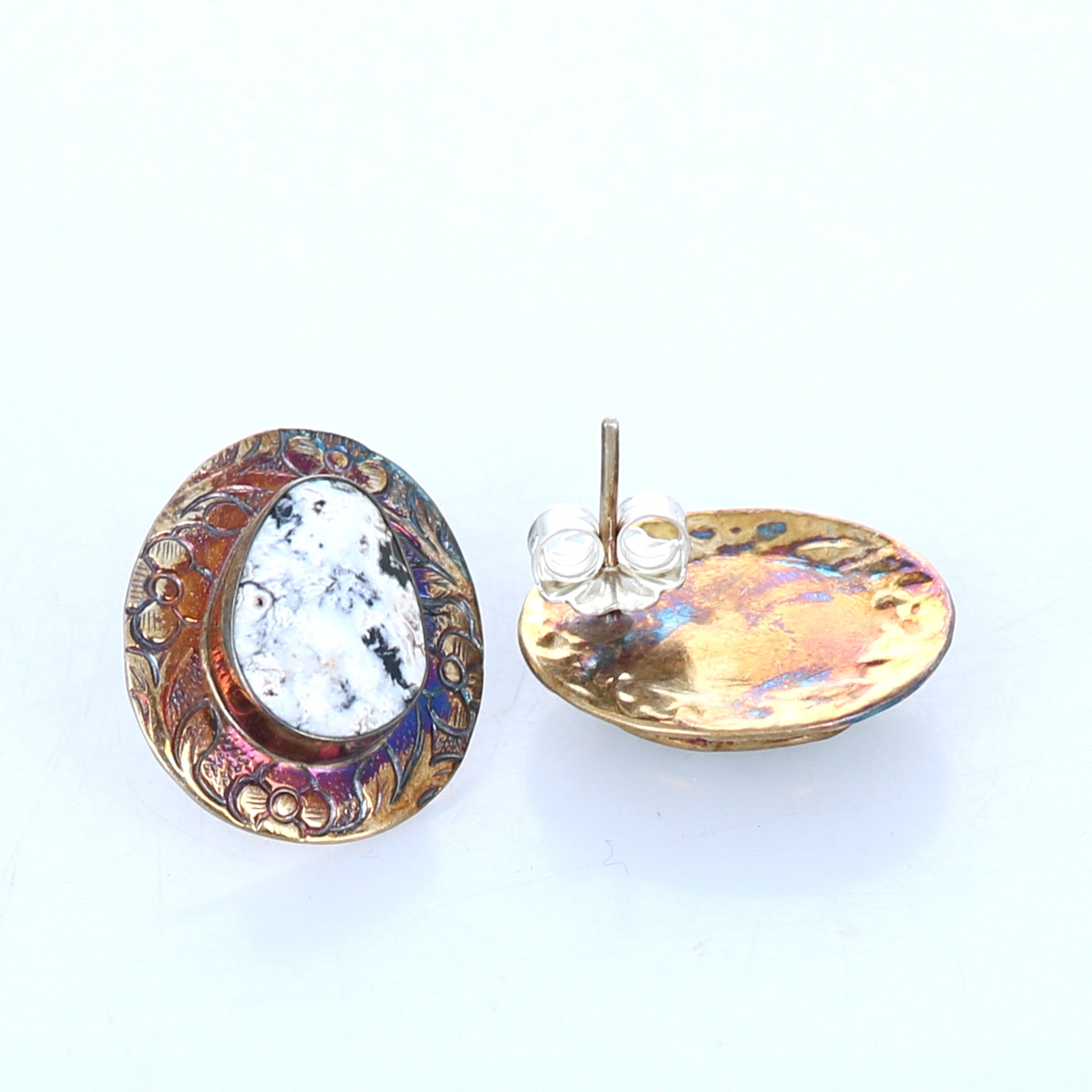 White Buffalo Earrings Sterling Silver Posts Golden Bronze Patina -NewWorldGems
