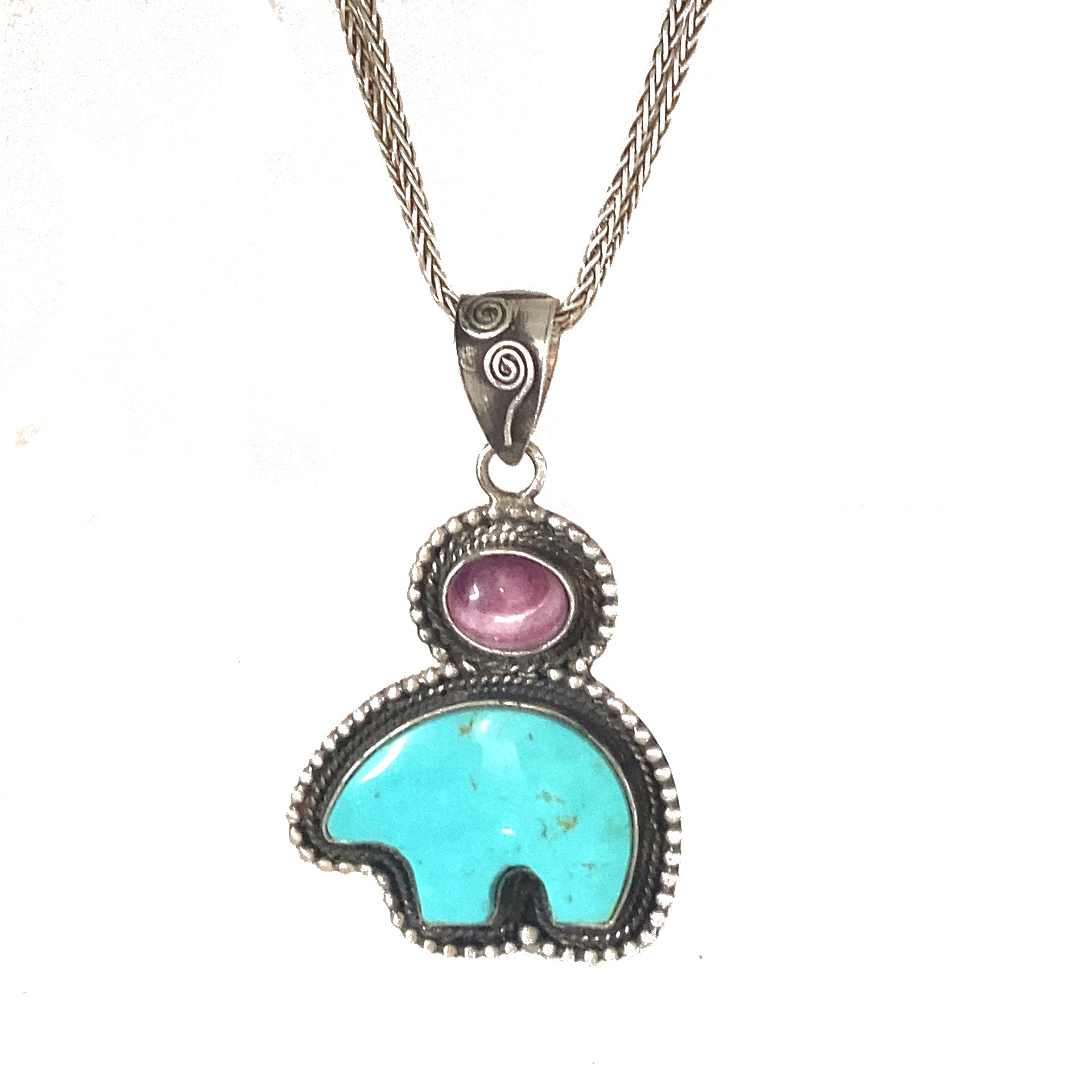 Kingman Turquoise Purple Spiny Oyster ZUNI BEAR PENDANT Sterling -NewWorldGems