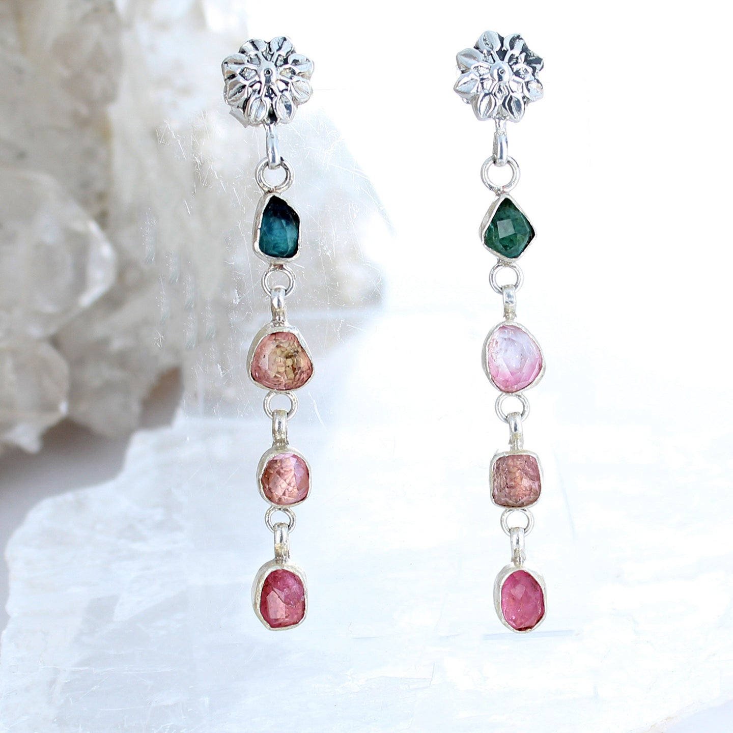 Blue and Pink Tourmaline Sterling Earrings 4 Stone Beauties #2 -NewWorldGems