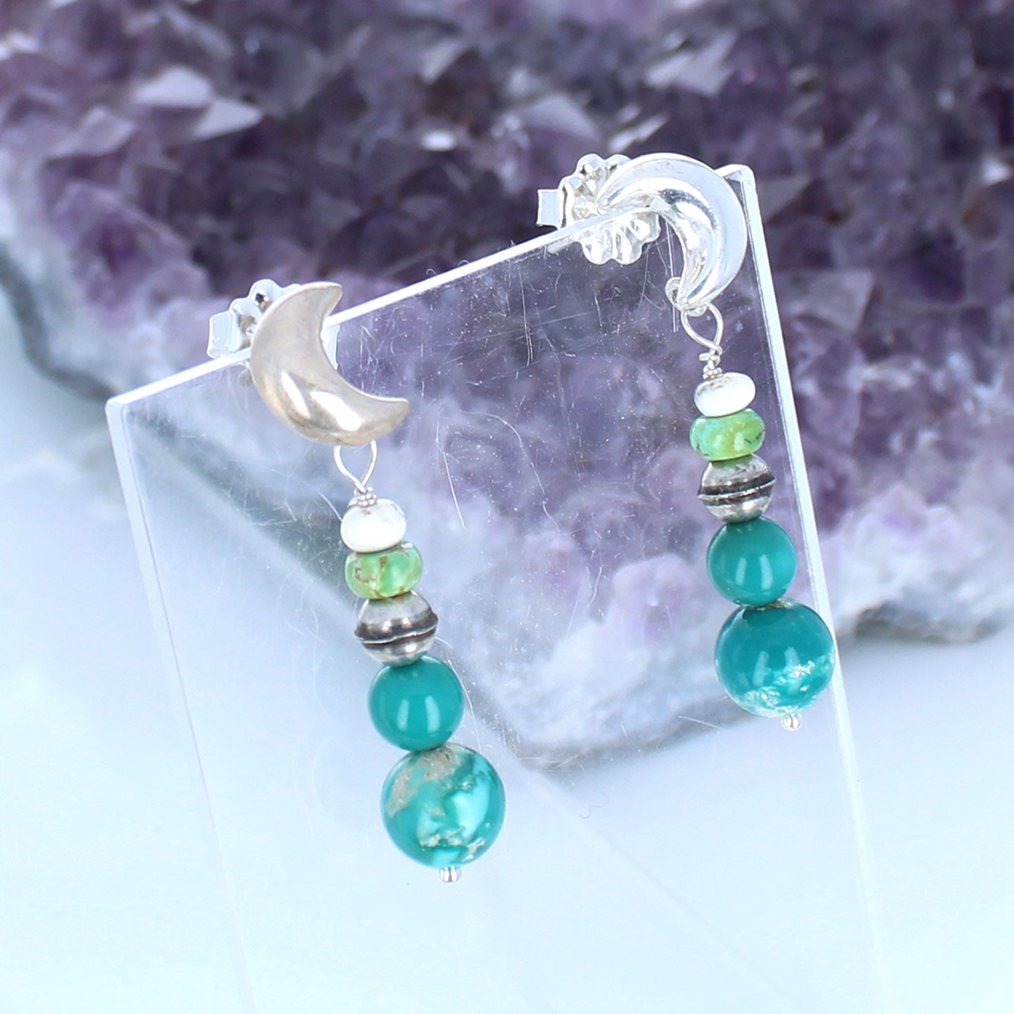 Sonoran and Fox Turquoise Earrings Sterling Moon Posts -NewWorldGems