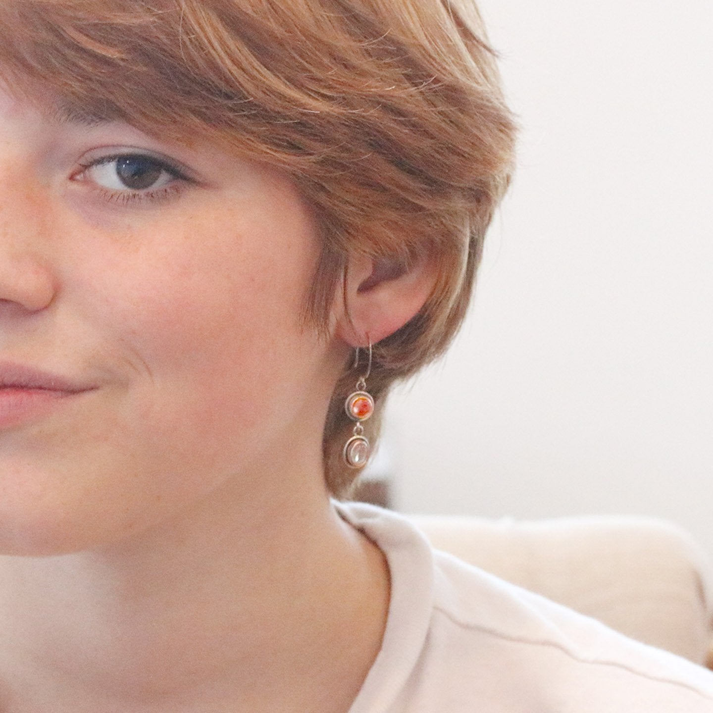 Rhodochrosite And Blue Moonstone Earrings Dangles Hoops -NewWorldGems