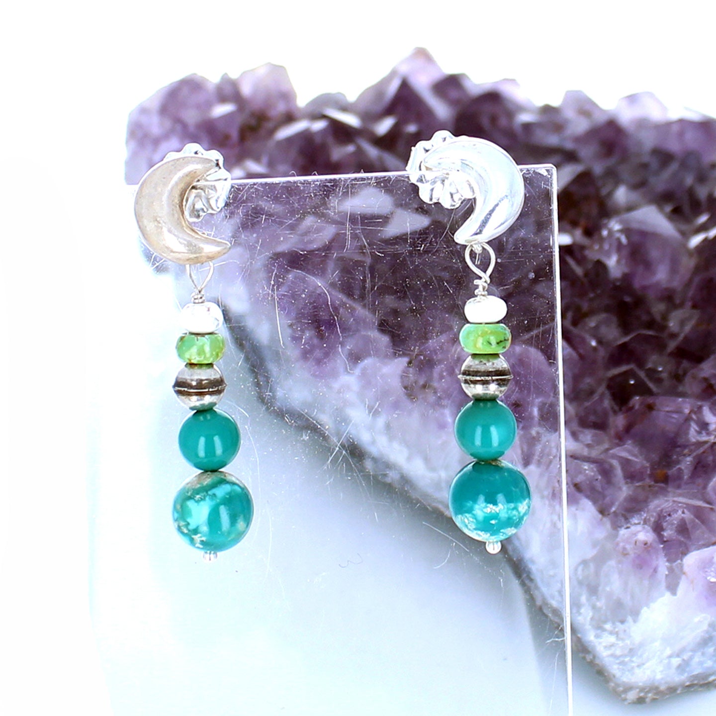 Sonoran and Fox Turquoise Earrings Sterling Moon Posts -NewWorldGems