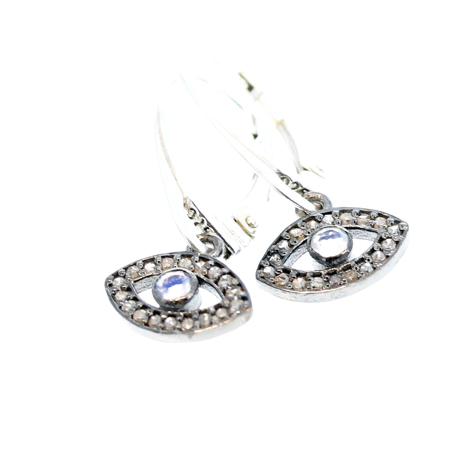 Pave Diamond Earrings Sterling Silver Evil Eye 1.25" -NewWorldGems