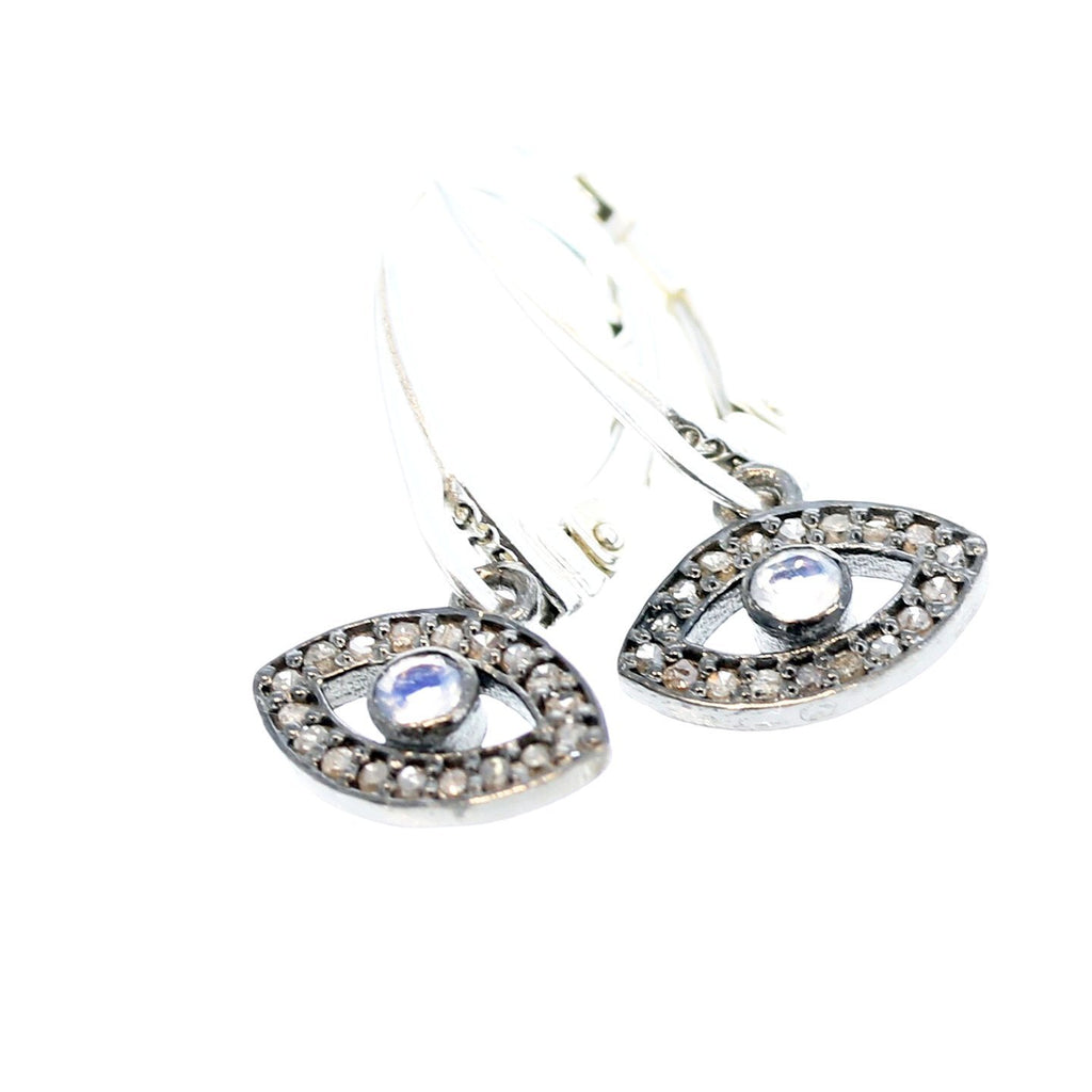 Pave Diamond Earrings Sterling Silver Evil Eye 1.25" -NewWorldGems