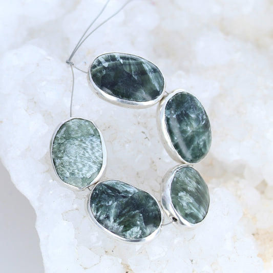 Deep Green Seraphinite Sterling Rimmed Beads 5pc -NewWorldGems
