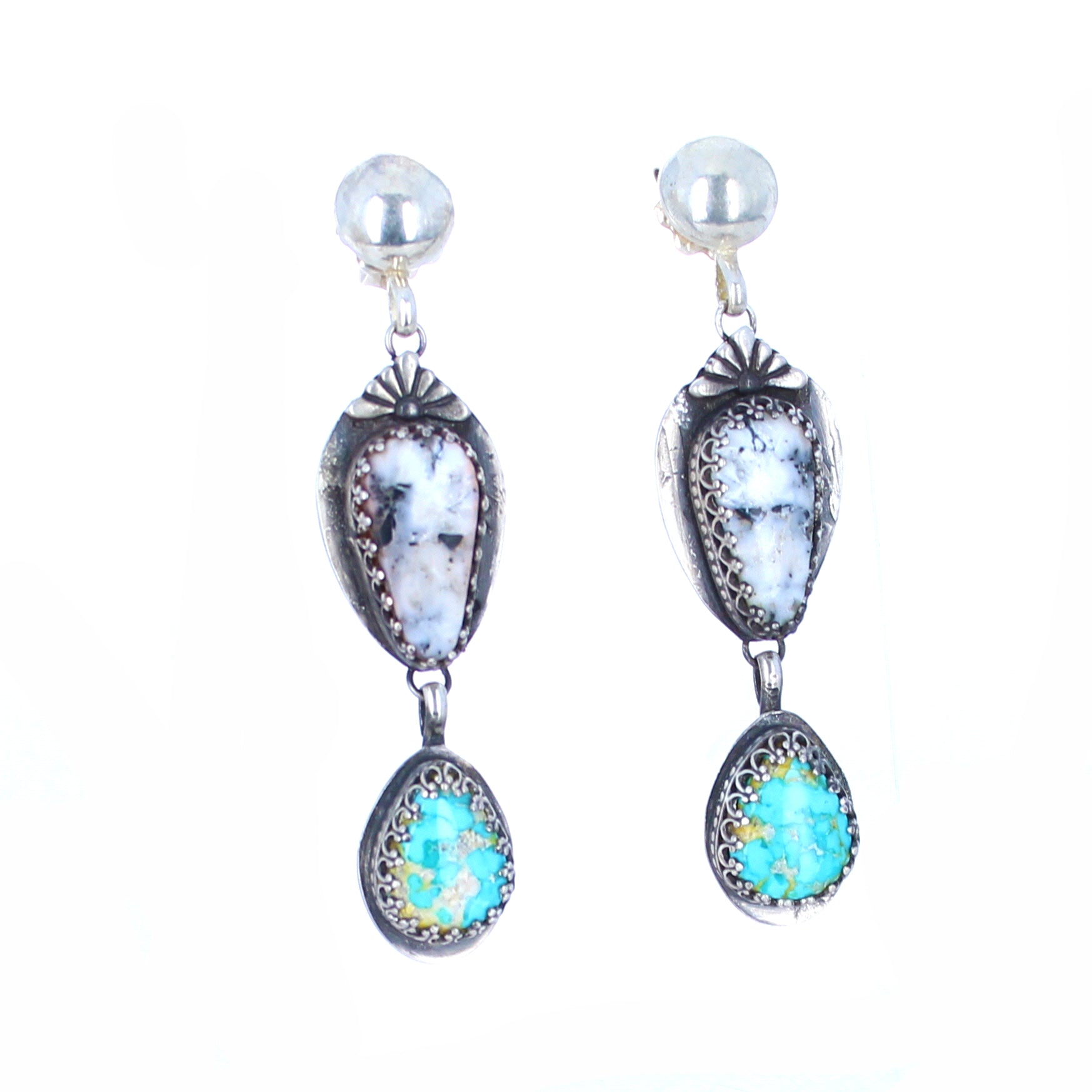 Gorgeous Sonoran Blue and White Buffalo Turquoise Earrings Sterling -NewWorldGems
