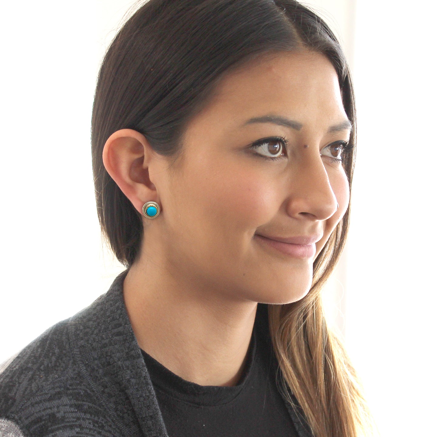 Blue Ridge Orvil Jack Turquoise Earrings Sterling Posts Round 8mm -NewWorldGems