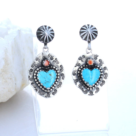 Kingman Turquoise and Spiny Oyster Hearts Cowgirl Earrings Bright Sky Blue -NewWorldGems