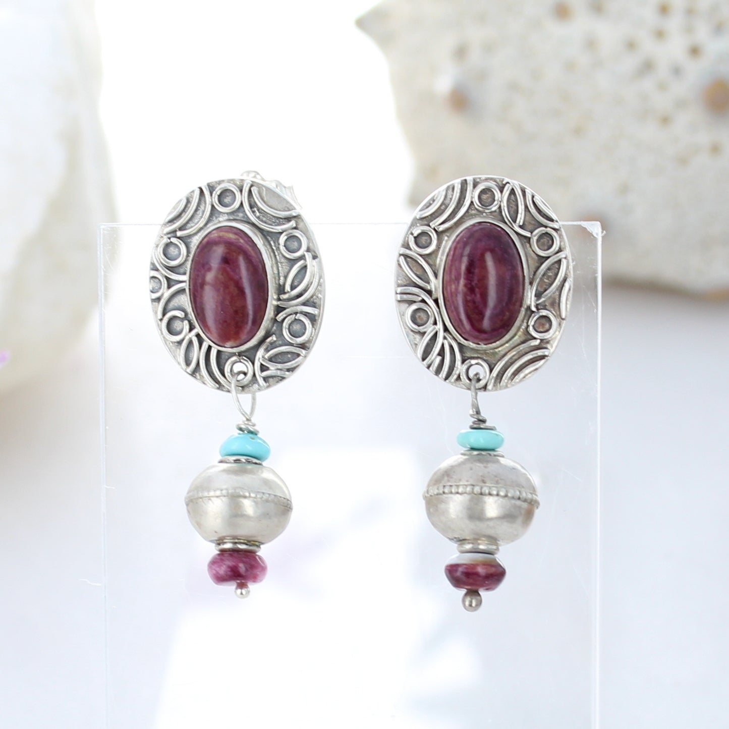 Purple Spiny Oyster Earrings Oval 7x9mm Posts Wire Design Dangles -NewWorldGems