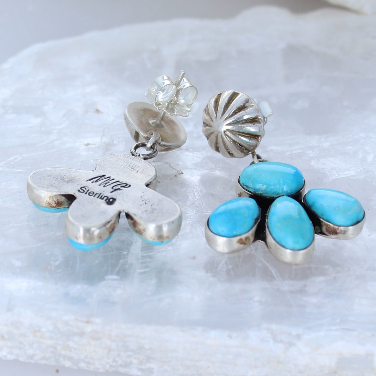 Blue Ridge Orvil Jack Turquoise Petal Earrings Sterling Silver 4 Stone -NewWorldGems