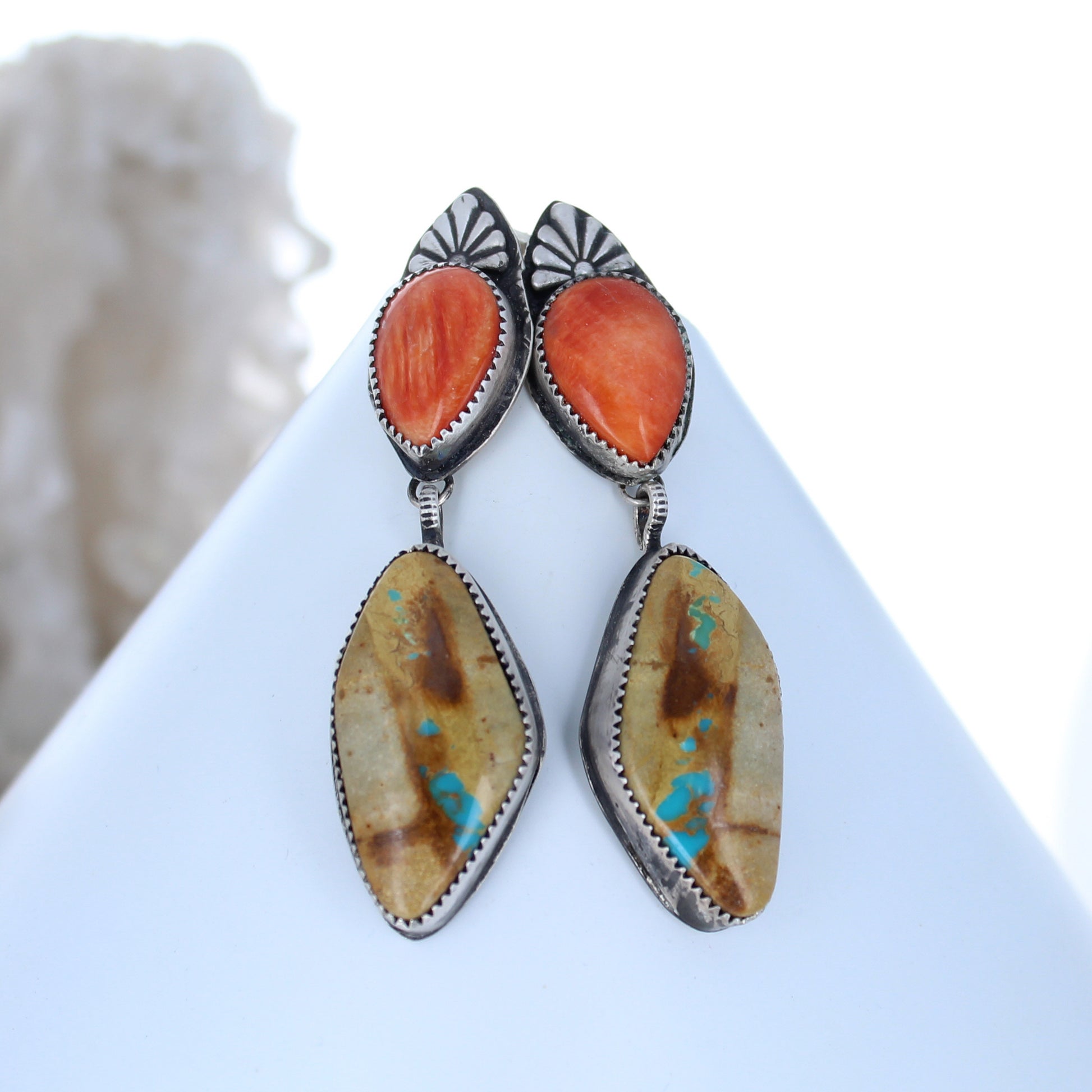 Dramatic Royston Turquoise Orange Spiny Oyster Earrings Southwest -NewWorldGems