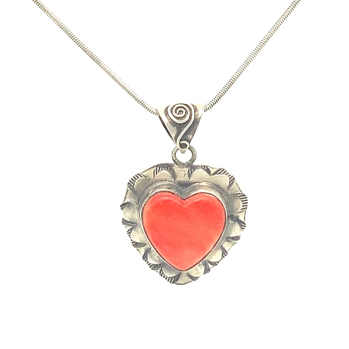 Spiny Oyster Red Orange Concho Heart Pendant Sterling -NewWorldGems