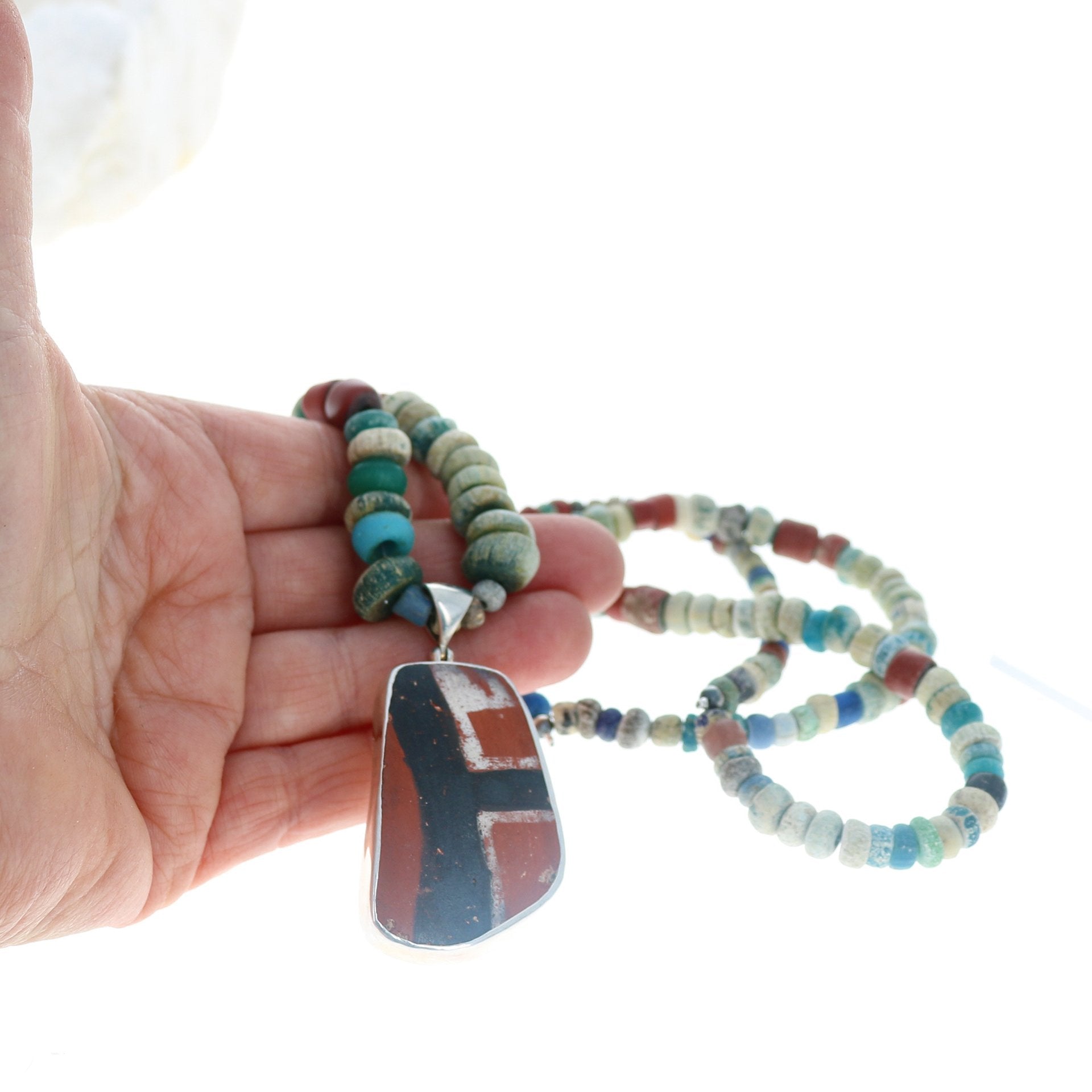Djenne Ancient Blue Glass Beads Necklace With Anasazi Pottery Pendant -NewWorldGems