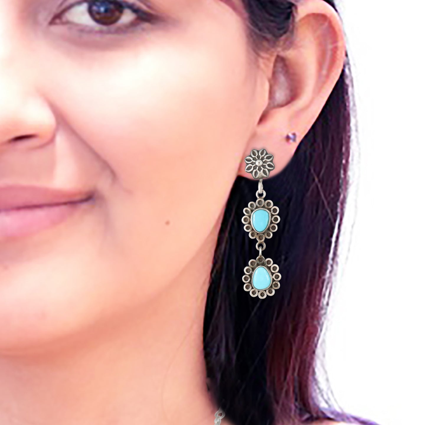 Sleeping Beauty Turquoise Earrings Floral Designs Sterling 2 Stone -NewWorldGems