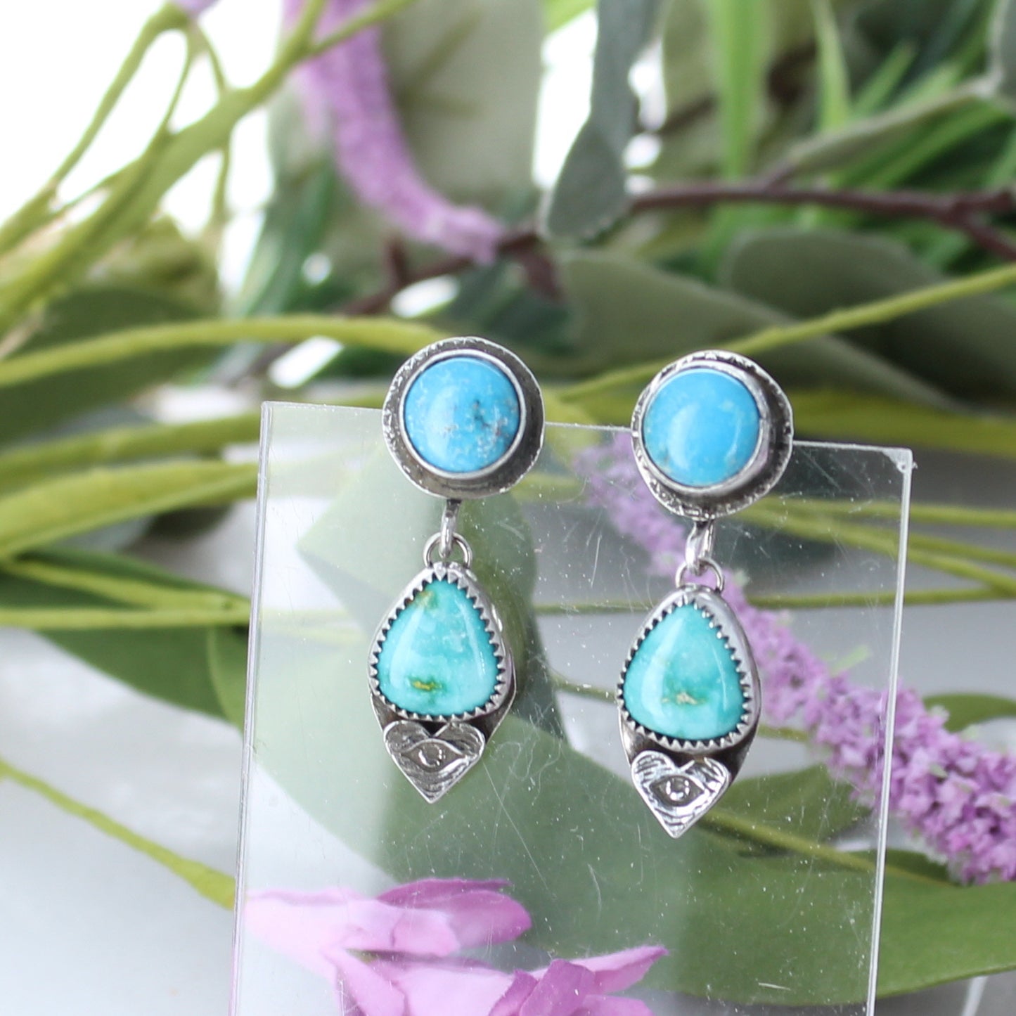 Sonoran Turquoise Earrings Lime Green Blue Sterling 2 Stone -NewWorldGems