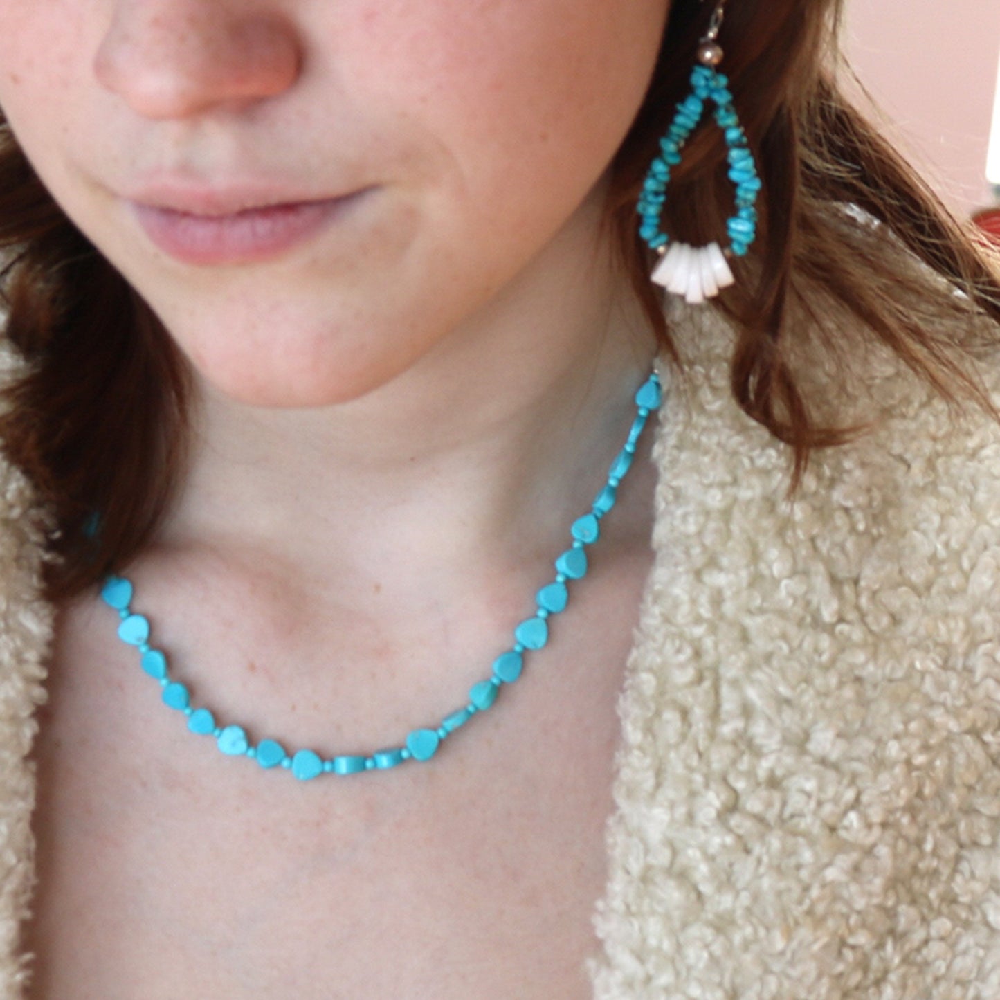 Sleeping Beauty Turquoise Necklace Heart Shaped Beads -NewWorldGems