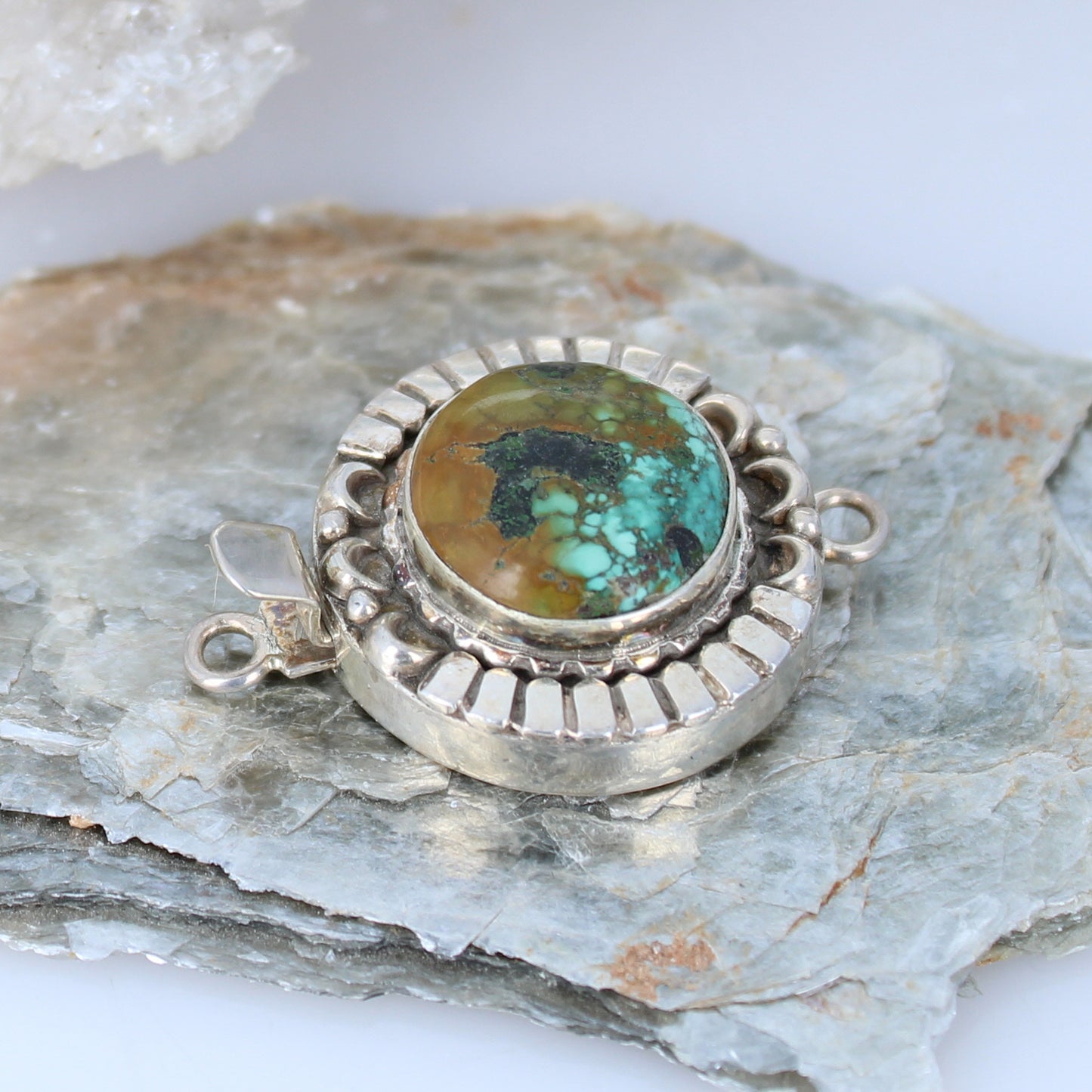 Chinese Turquoise Clasp Round 16.5Mm Sterling Moon Design -NewWorldGems