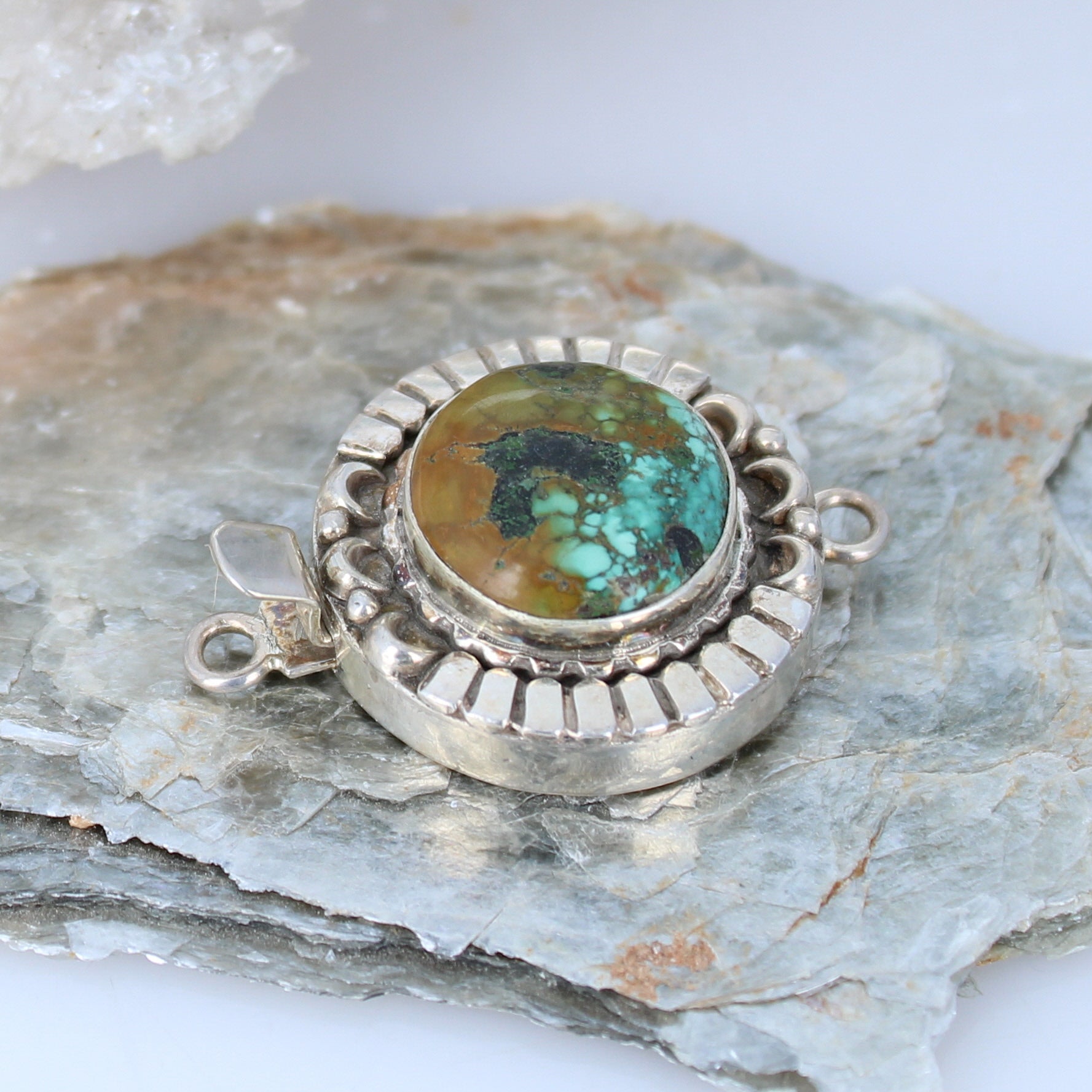 Chinese Turquoise Clasp Round 16.5Mm Sterling Moon Design -NewWorldGems