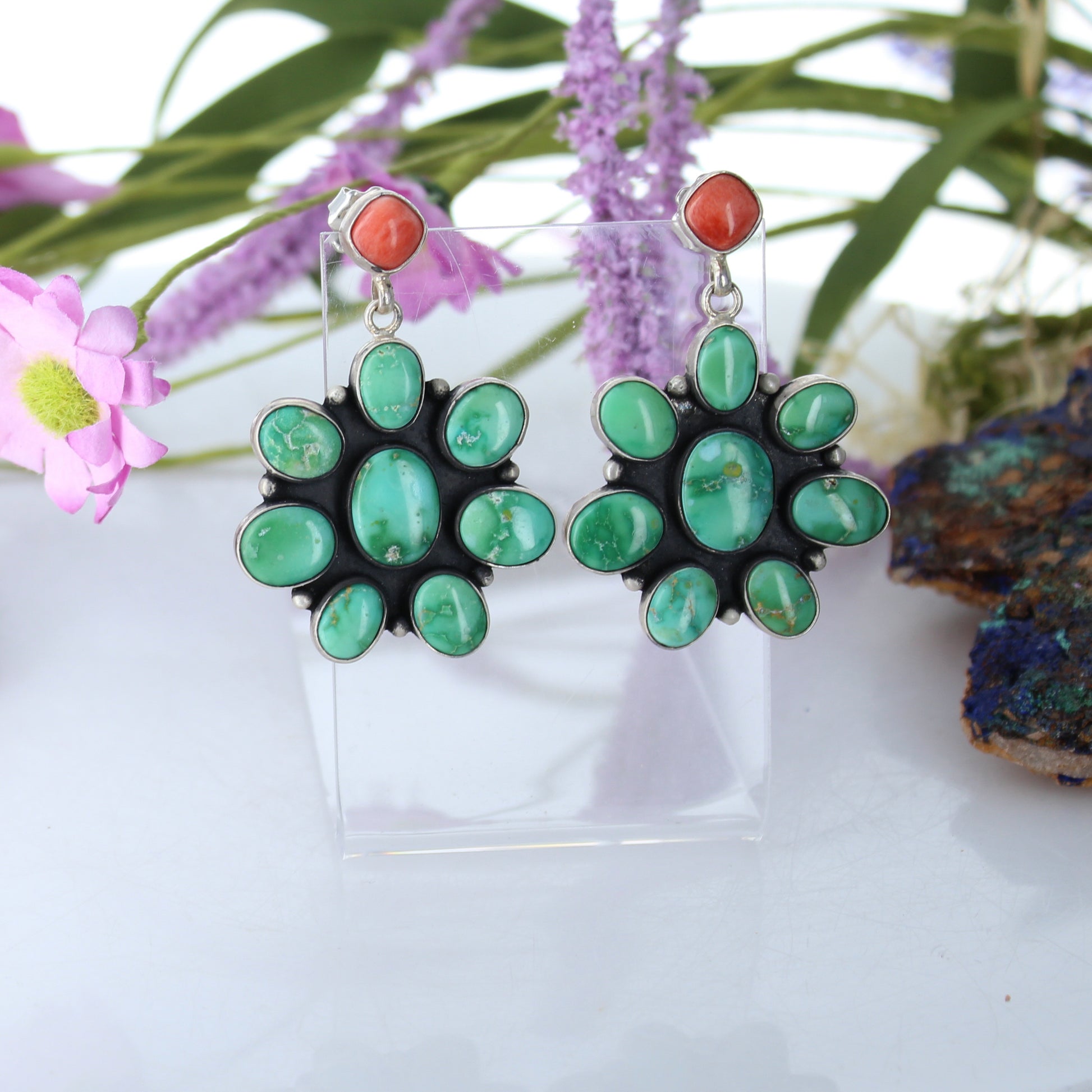 Emerald Valley Turquoise Flower Earrings Sterling Southwest 9 Stones -NewWorldGems