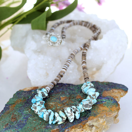 Lone Mountain Turquoise Necklace with Shell Heshi Sterling -NewWorldGems