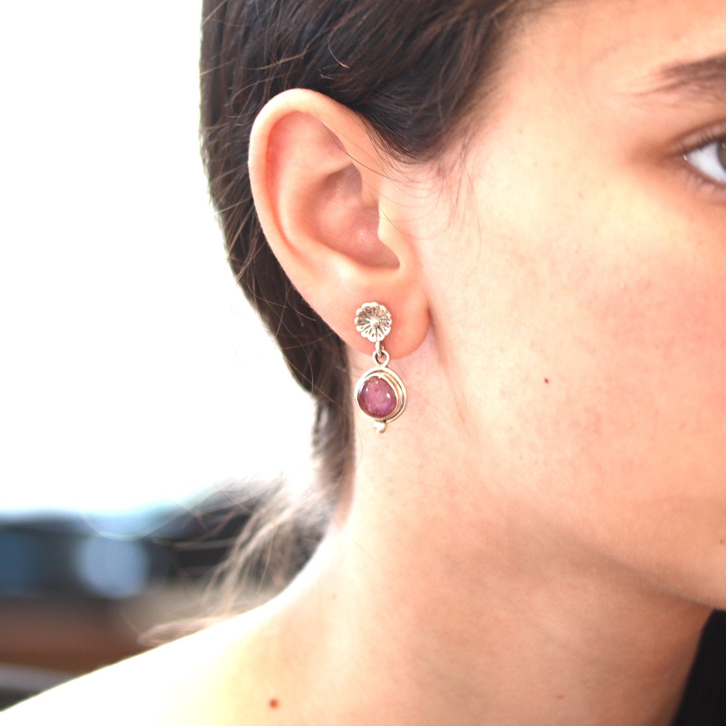 Pink Sapphire Sterling Silver Earrings Flower Post Style -NewWorldGems